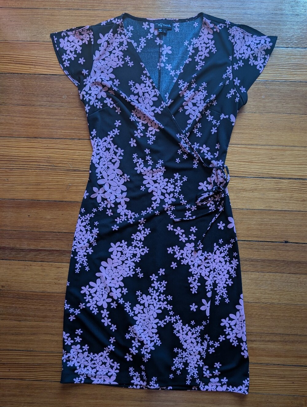 90s Black And Pink Floral Wrap Dress